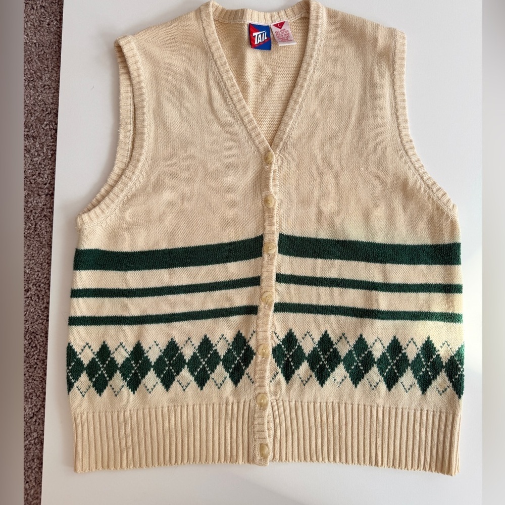 VTG 80’s Tail Sweater Vest Knit Argyle Cream/Green‎ Sz L Cottage Grandpa Core - Picture 2 of 11